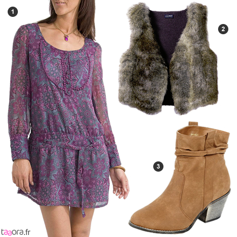 Idée de look folk avec un gilet en fourrure Idée de look folk avec un gilet en fourrure