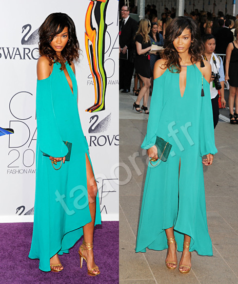 Chanel Iman en robe longue turquoise