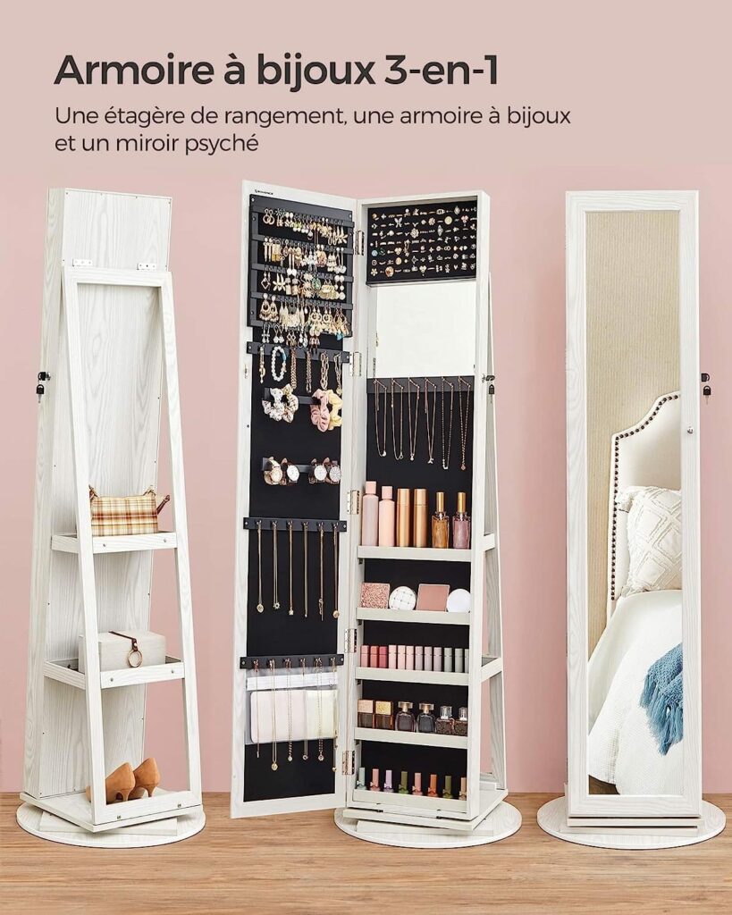 Armoire à bijoux sur pied avec miroir et rangements pratiques Taaora