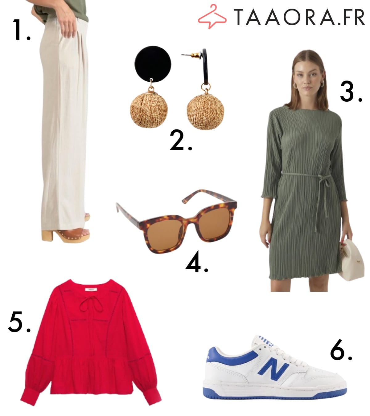 Pantalon en lin blanc, boucles d'oreilles à pompons, robe plissée verte à col bateau, lunettes de soleil écaille, blouse rouge plumetis, baskets New Balance blanches et bleues