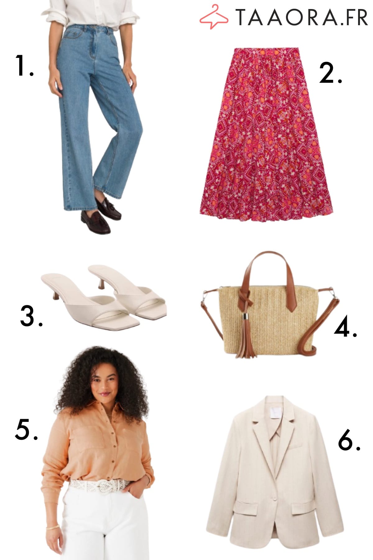 Mode Été 2024 : jupe bohème longue, chemise rose, jean large, mules Mango, sac paille