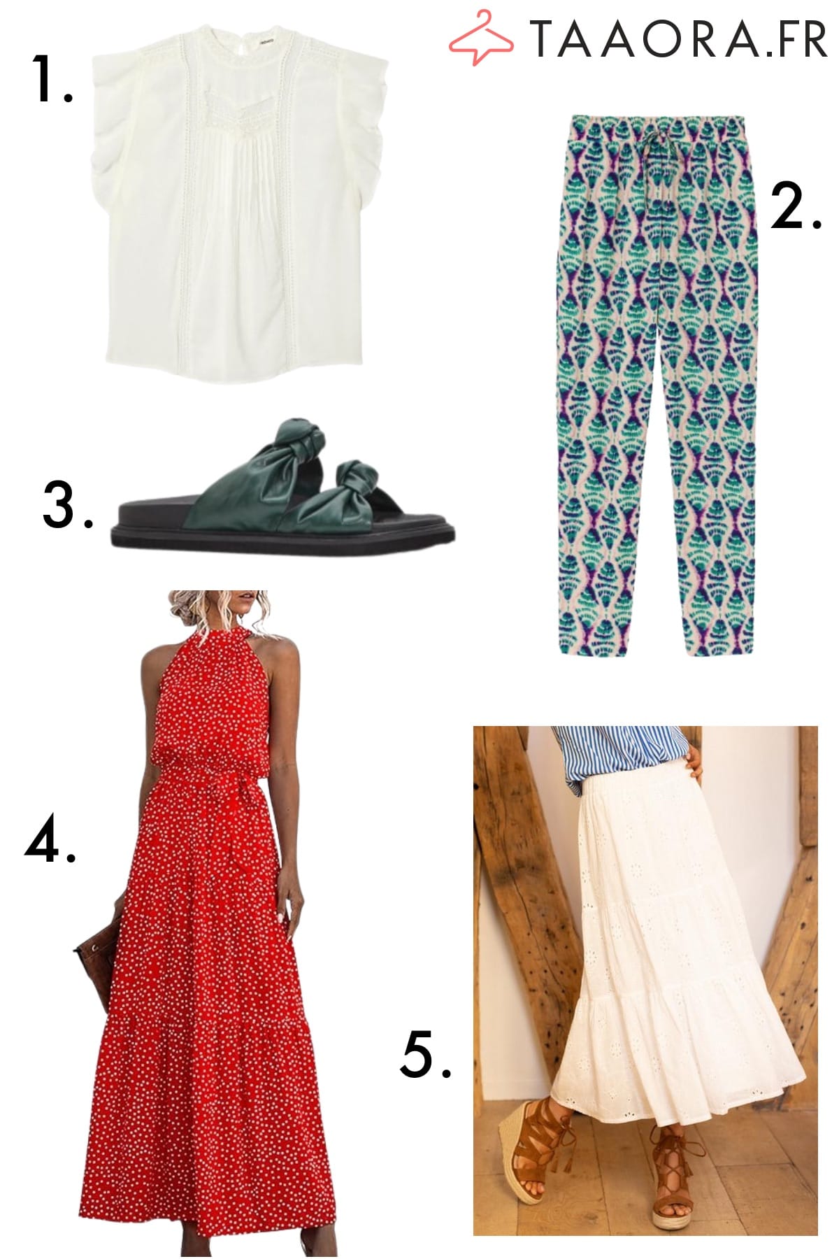 Blouse romantique écrue, pantalon ikat, mules vertes, robe longue pois rouge, jupon blanc brodé