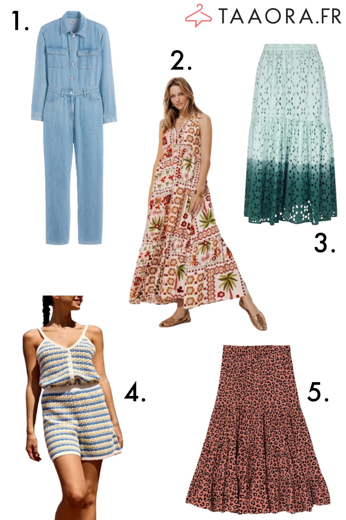 Sélection de mode féminine comprenant une combinaison en denim et lyocell, une robe longue bohème imprimée, une jupe brodée tie and dye, un ensemble débardeur et short en maille rayée, et une jupe mi-longue léopard multicolore