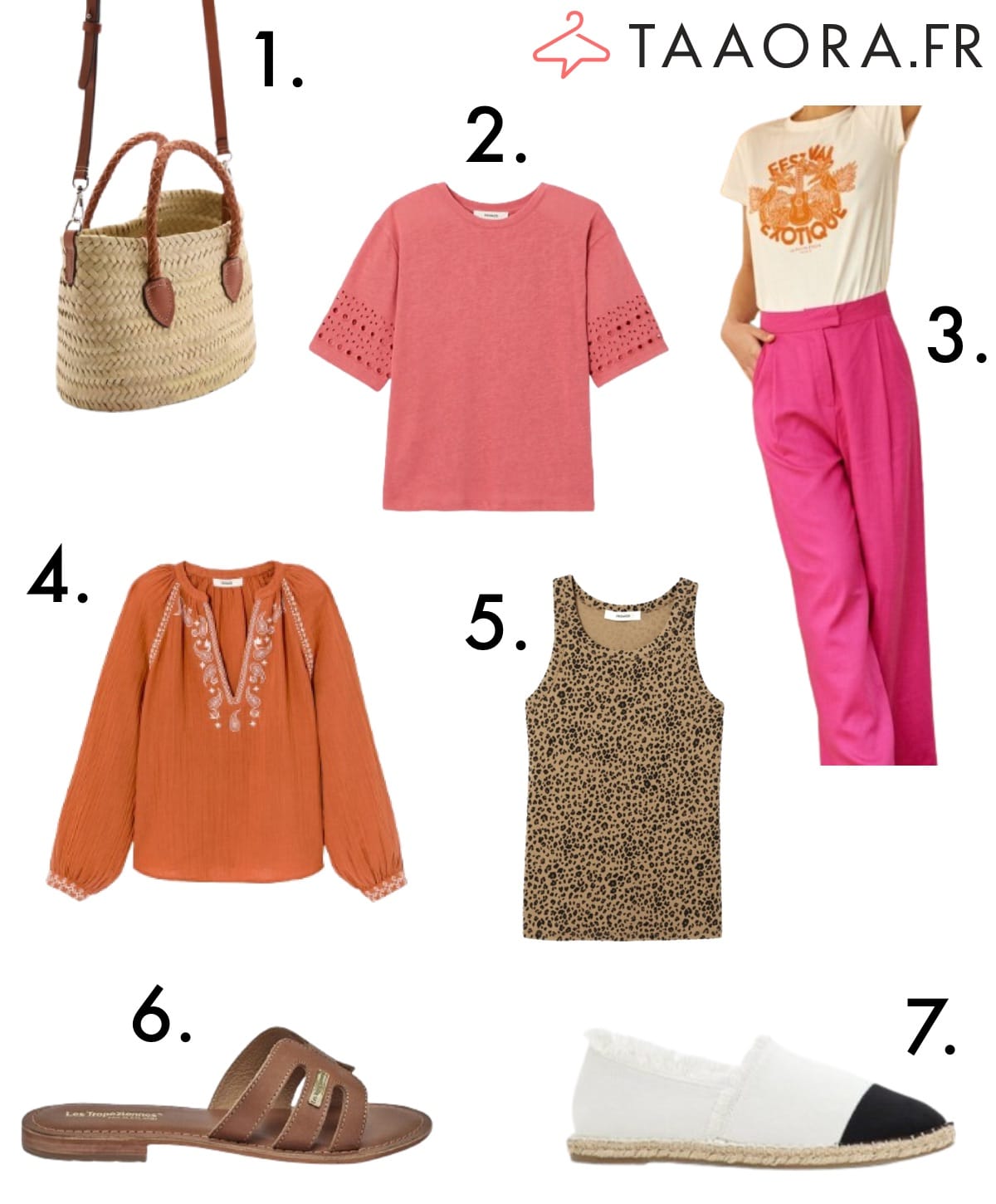 Sac en Fibre Naturelle, T-shirt Vieux Rose, Pantalon Lin Fuchsia, Blouse Brodée Paisley, Débardeur Léopard, Mules en Cuir Tan, et Espadrilles Beige/Noir