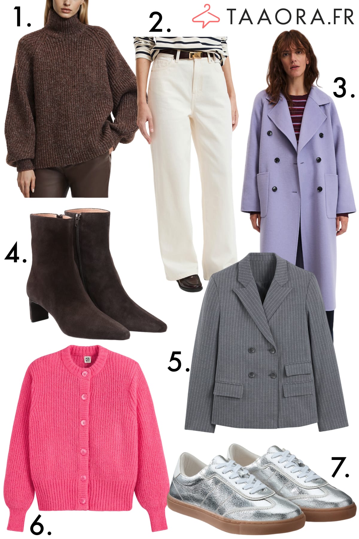 Sélection de pièces de la collection automne-hiver 2025-2026 de La Redoute pour femme : pull chocolat, manteau violet, blazer gris, cardigan rose et baskets argentées.