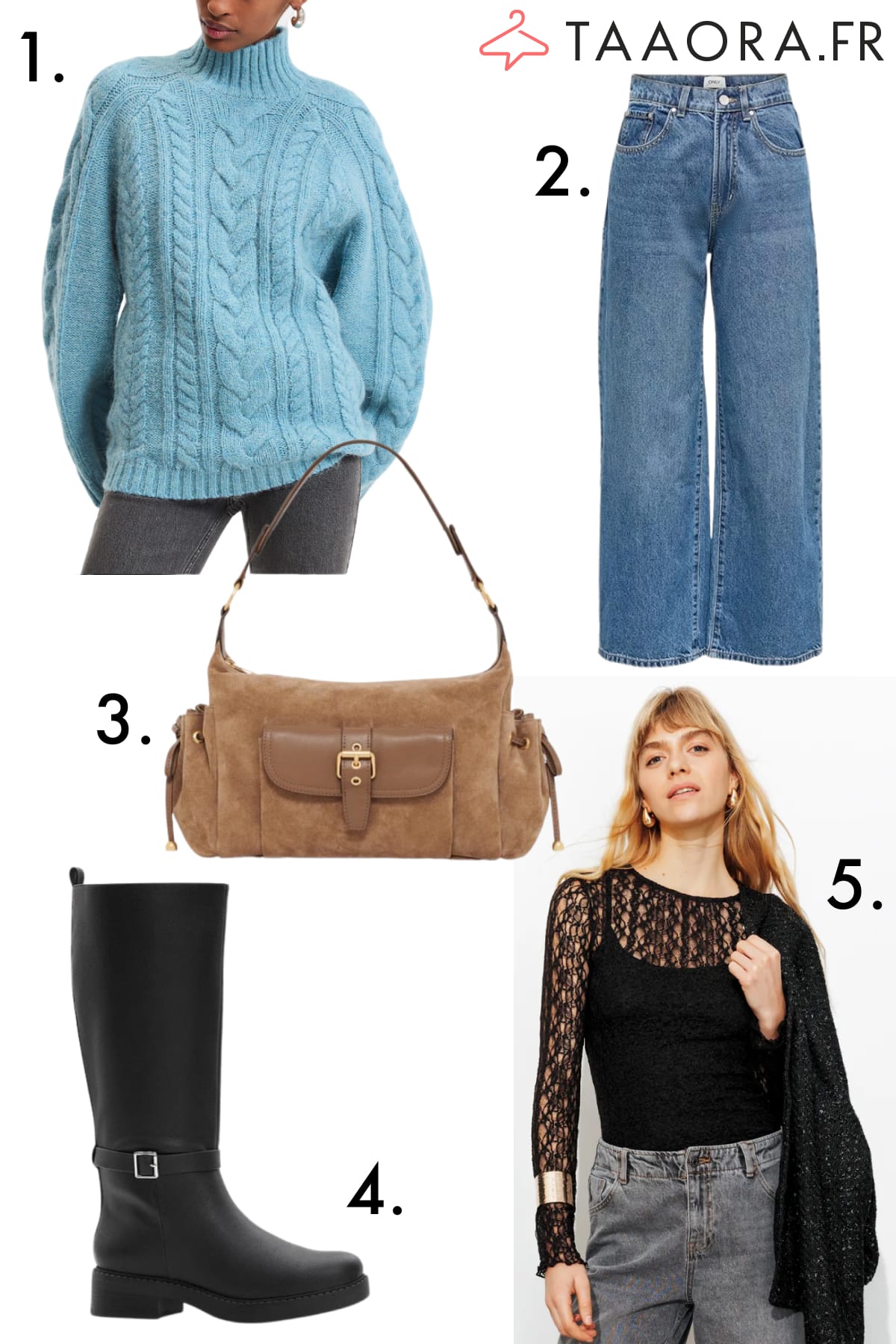 Montage photo de vêtements hiver avec pull bleu ciel, jean large, bottes noires et top en dentelle