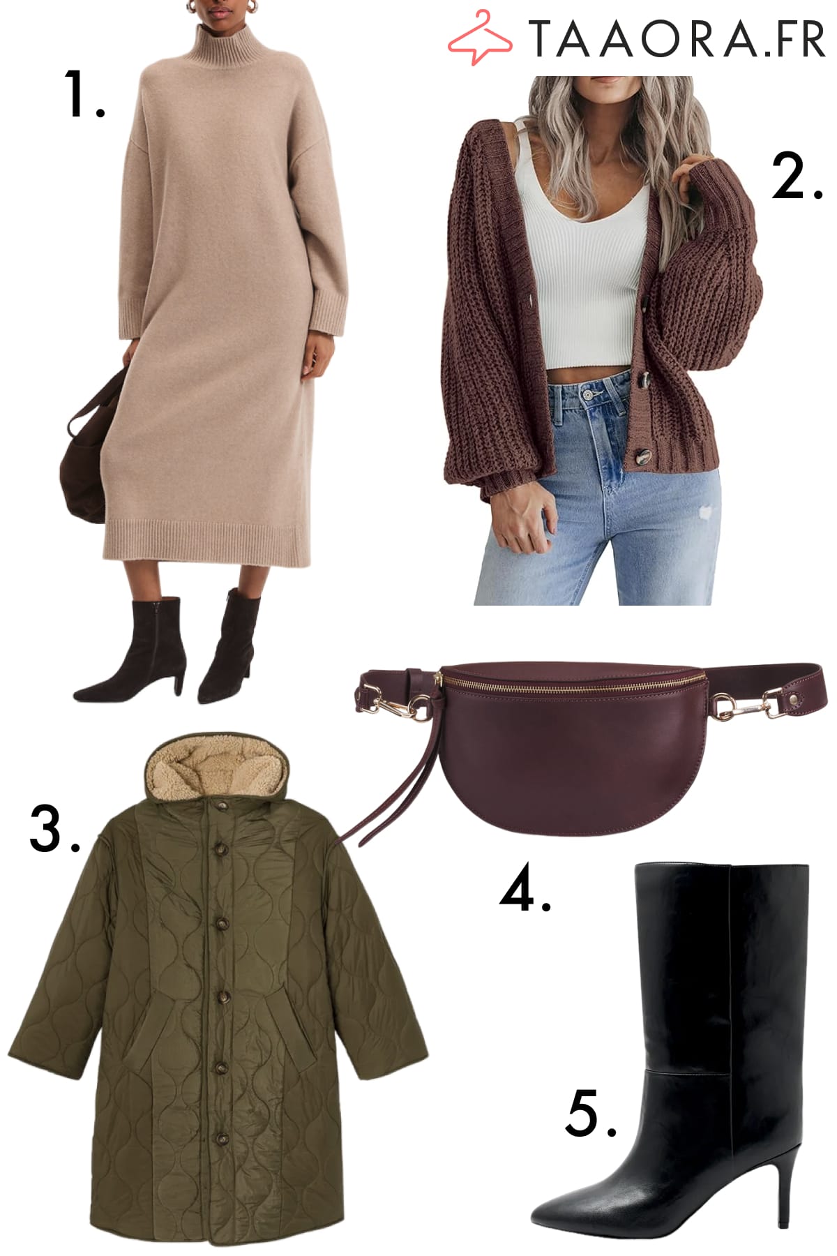 Comment s'habiller en automne/hiver : look cocooning avec robe pull beige, cardigan chunky, manteau réversible kaki et accessoires cuir