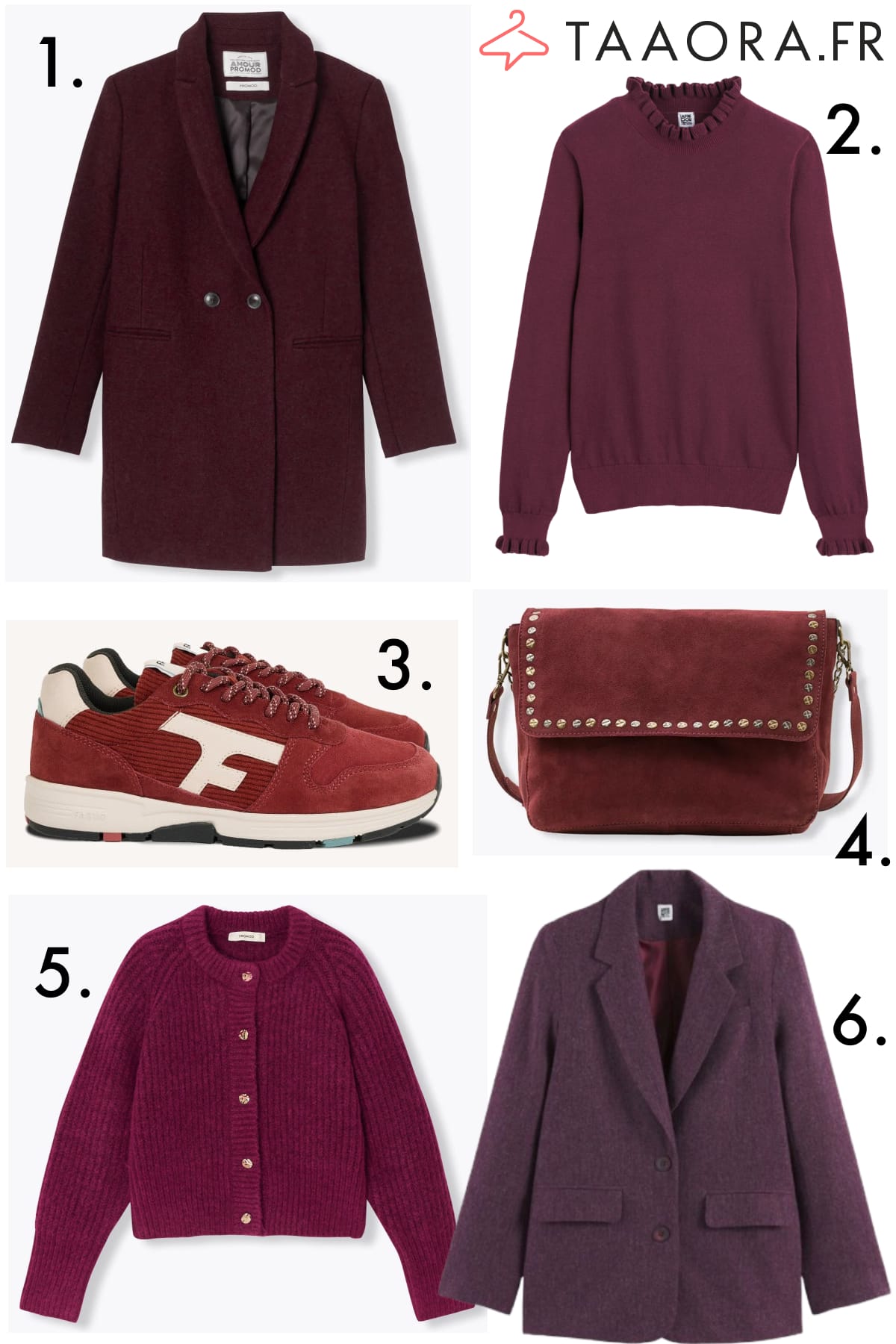 Sélection de vêtements et accessoires couleur bordeaux tendance automne hiver 2025-2026, comprenant manteau, pull, cardigan, blazer, sac et baskets