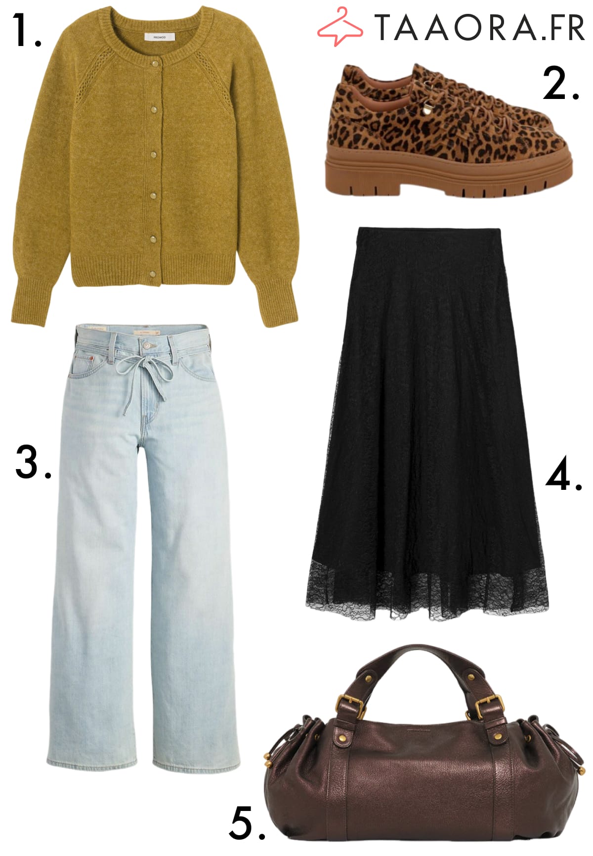 Sélection tendance hiver 2025 : cardigan vert olive, jupe en dentelle et chaussures léopard