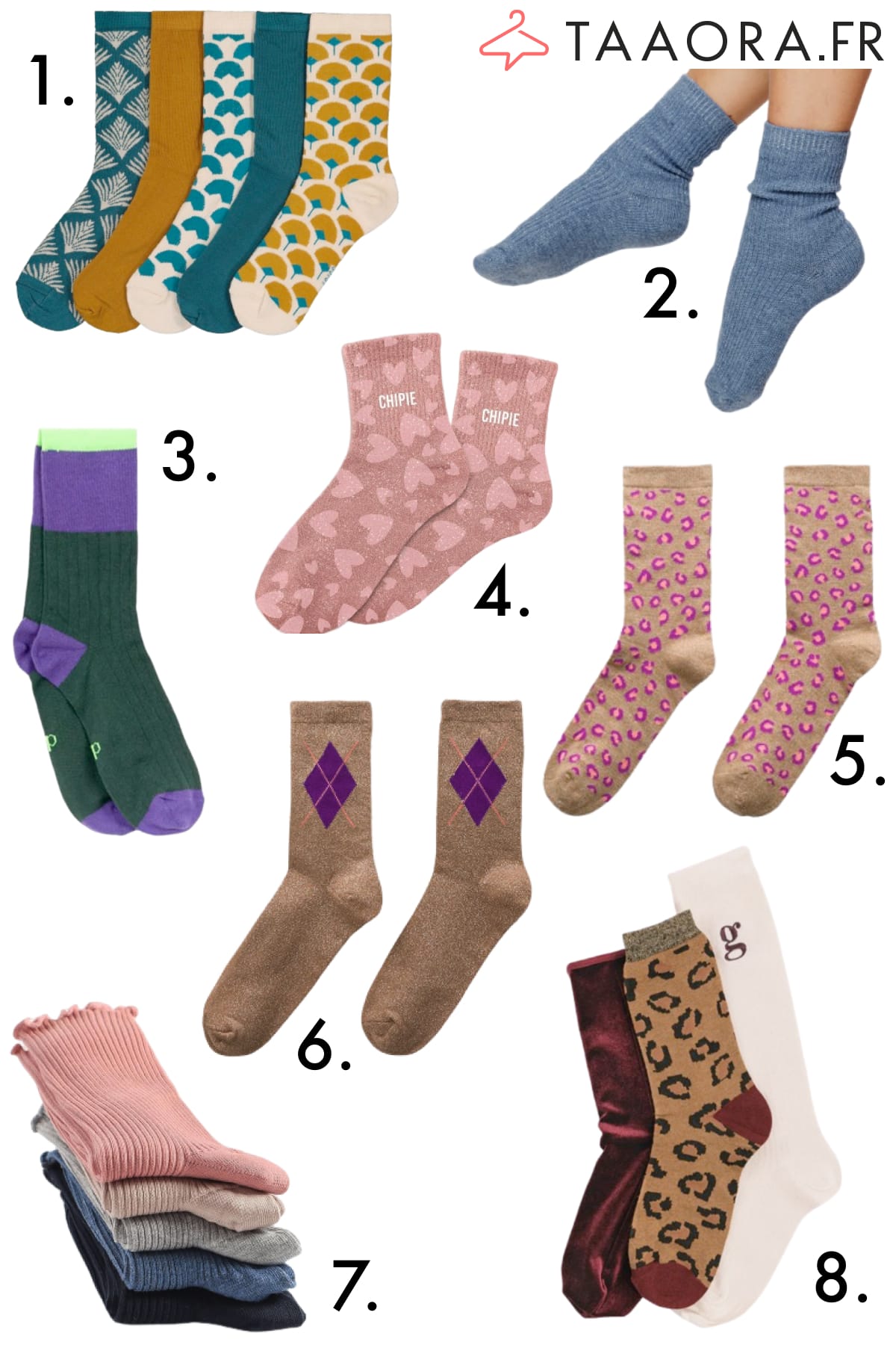 Sélection de chaussettes fantaisie femme, pailletées et à motifs, à porter apparentes en automne-hiver.
