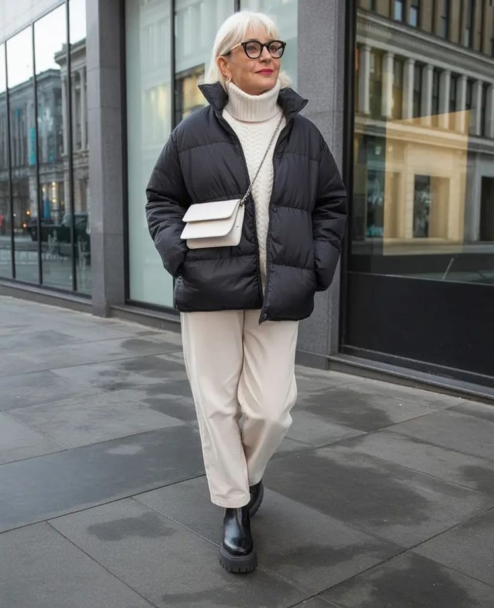 Tenue hiver femme 60 ans avec doudoune noire courte, pull écru col roulé, pantalon beige et bottines noires