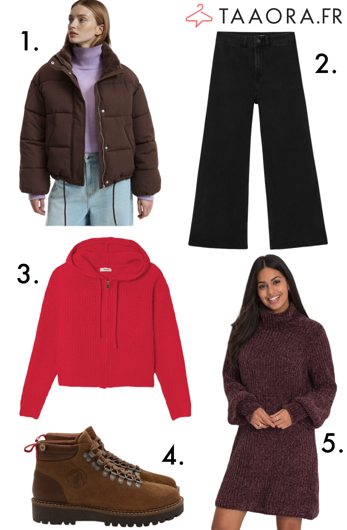 Sélection mode hiver 2026 : doudoune marron, gilet rouge cocooning, jean large noir taille haute, boots randonnée, robe maille aubergine