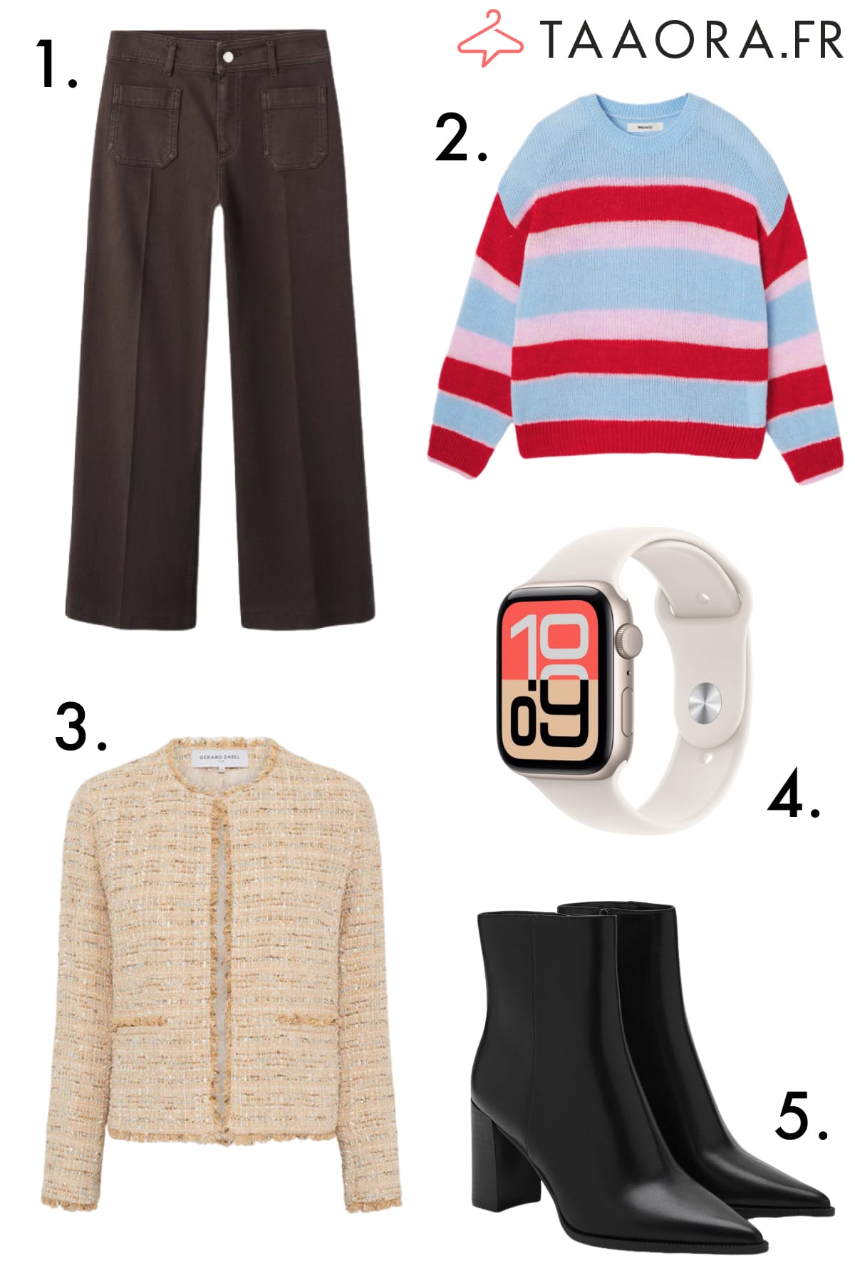 Pièces tendances hiver : jean large marron, pull rayé multicolore, veste tweed beige, boots noires à talons, Apple Watch