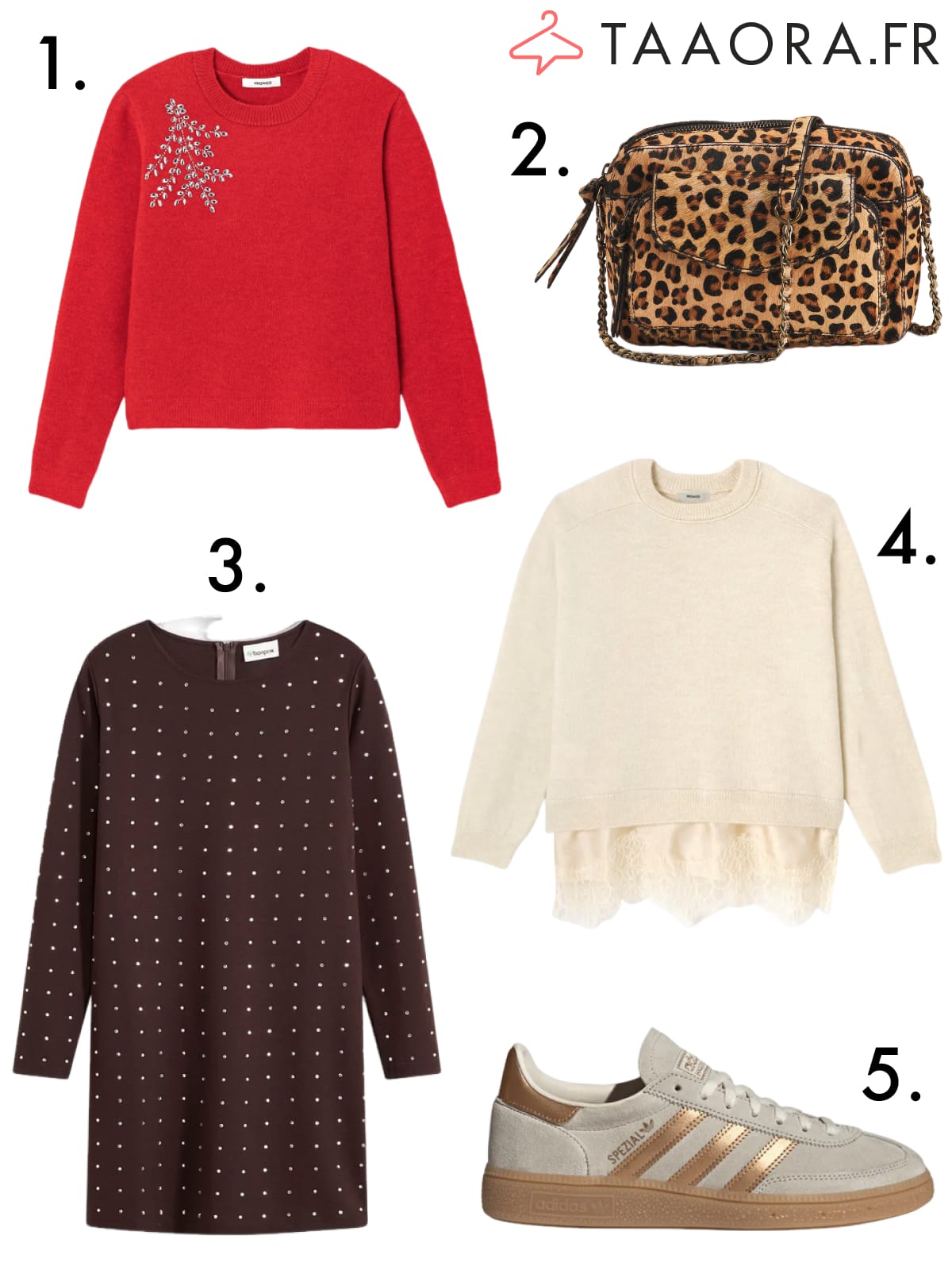 Mode décembre : pull rouge, sac léopard, robe marron, pull beige dentelle tendance et baskets Adidas métallisées