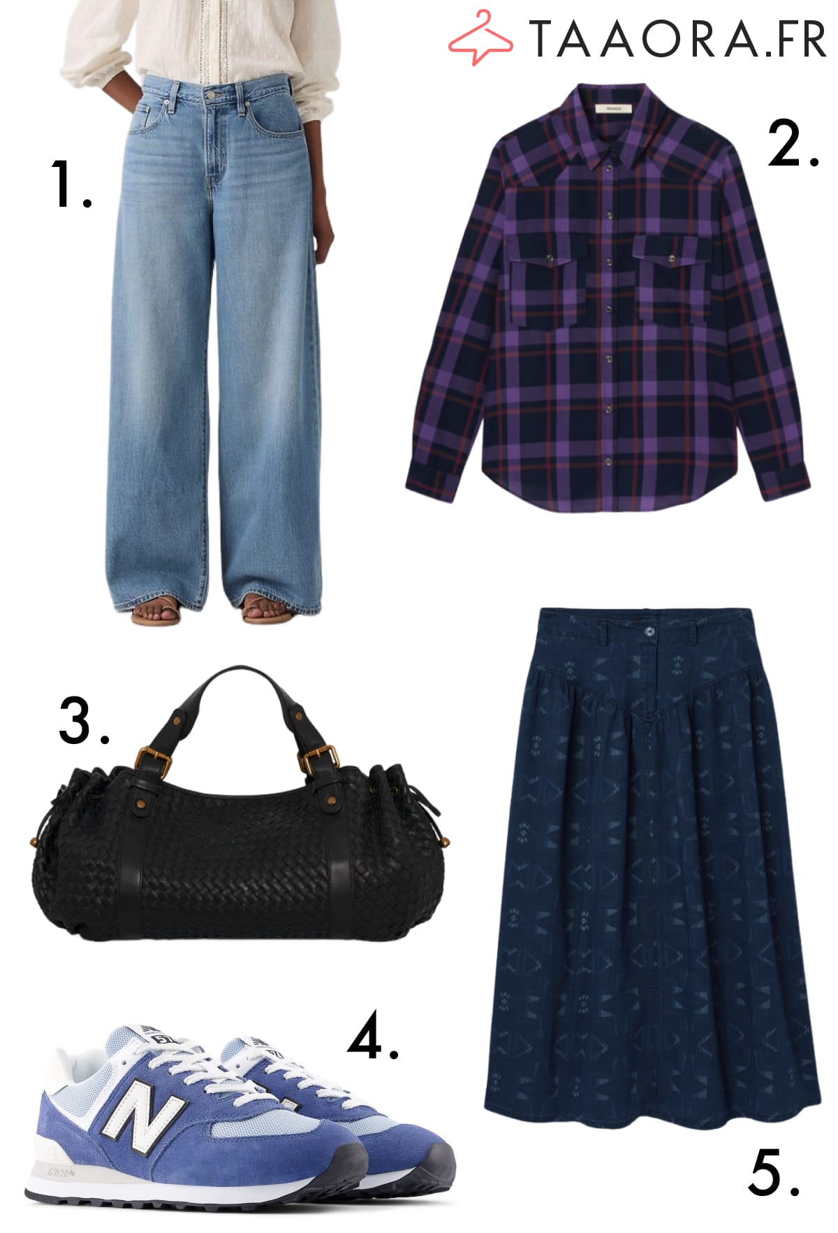 Sélection mode : jean straight Levi’s, chemise à carreaux violette, sac cuir tressé, New Balance bleues, jupe midi denim