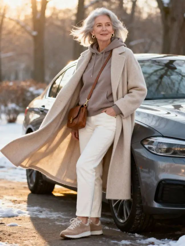 Tenue hiver chic et confortable (60+) : manteau long beige sur hoodie taupe, jean blanc et baskets, style casual chic