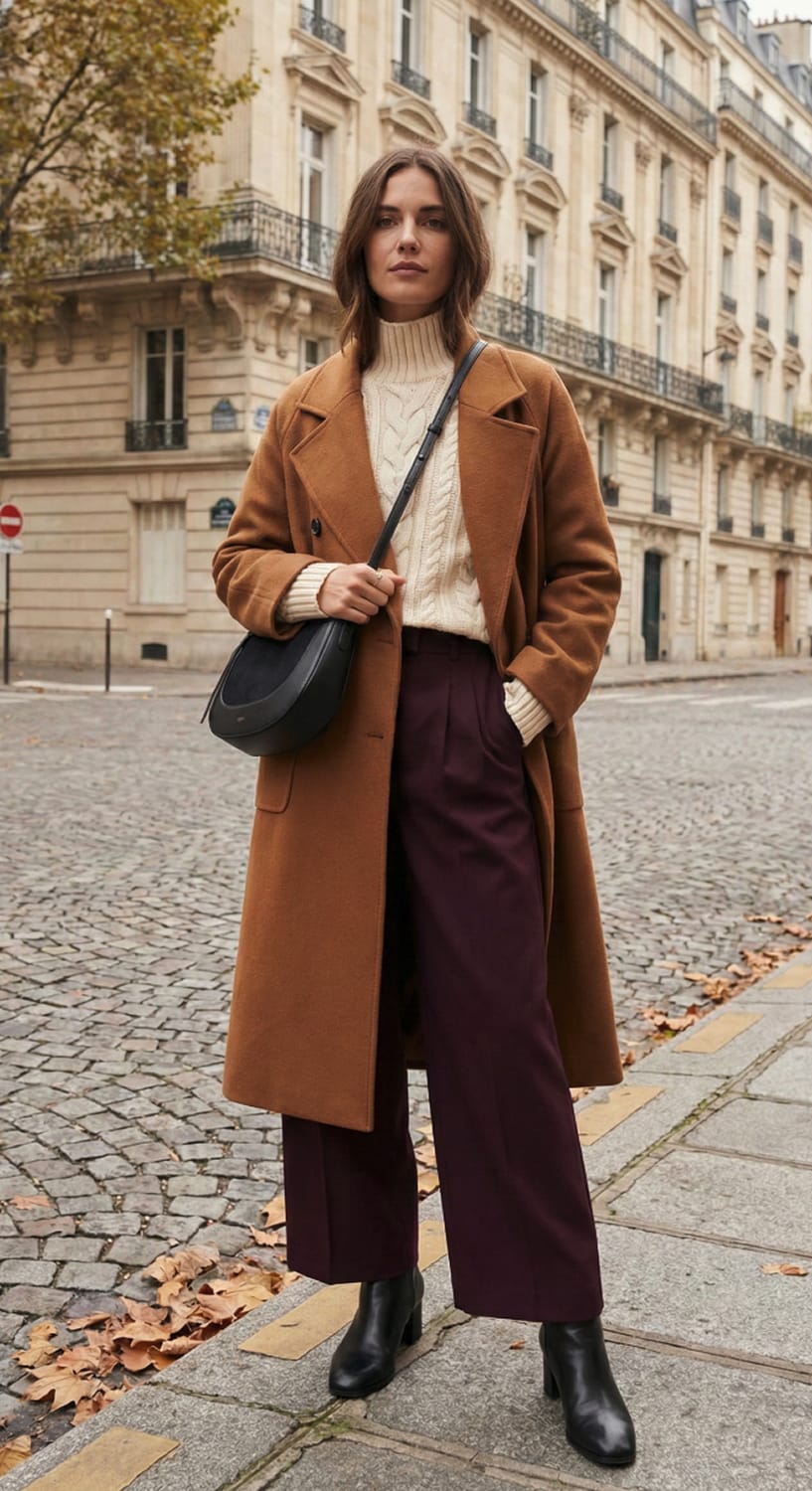 Femme en manteau long camel, pull col roulé écru torsadé et pantalon large bordeaux, bottines noires, look automne/hiver à Paris