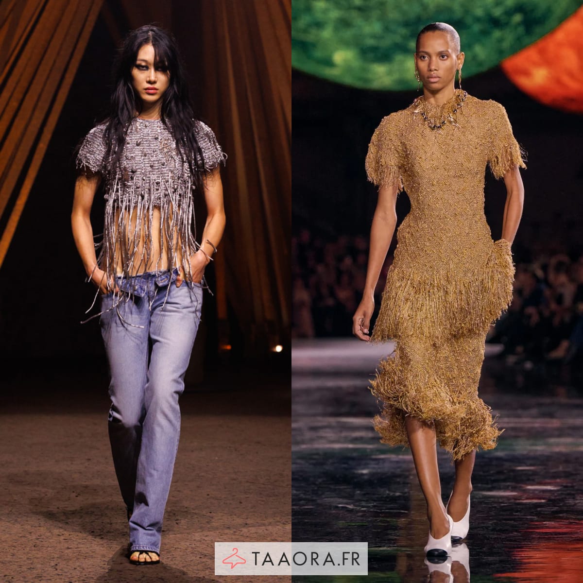 Top court à franges porté avec un jean et robe dorée à franges sur podium : looks tendance printemps-été 2026.