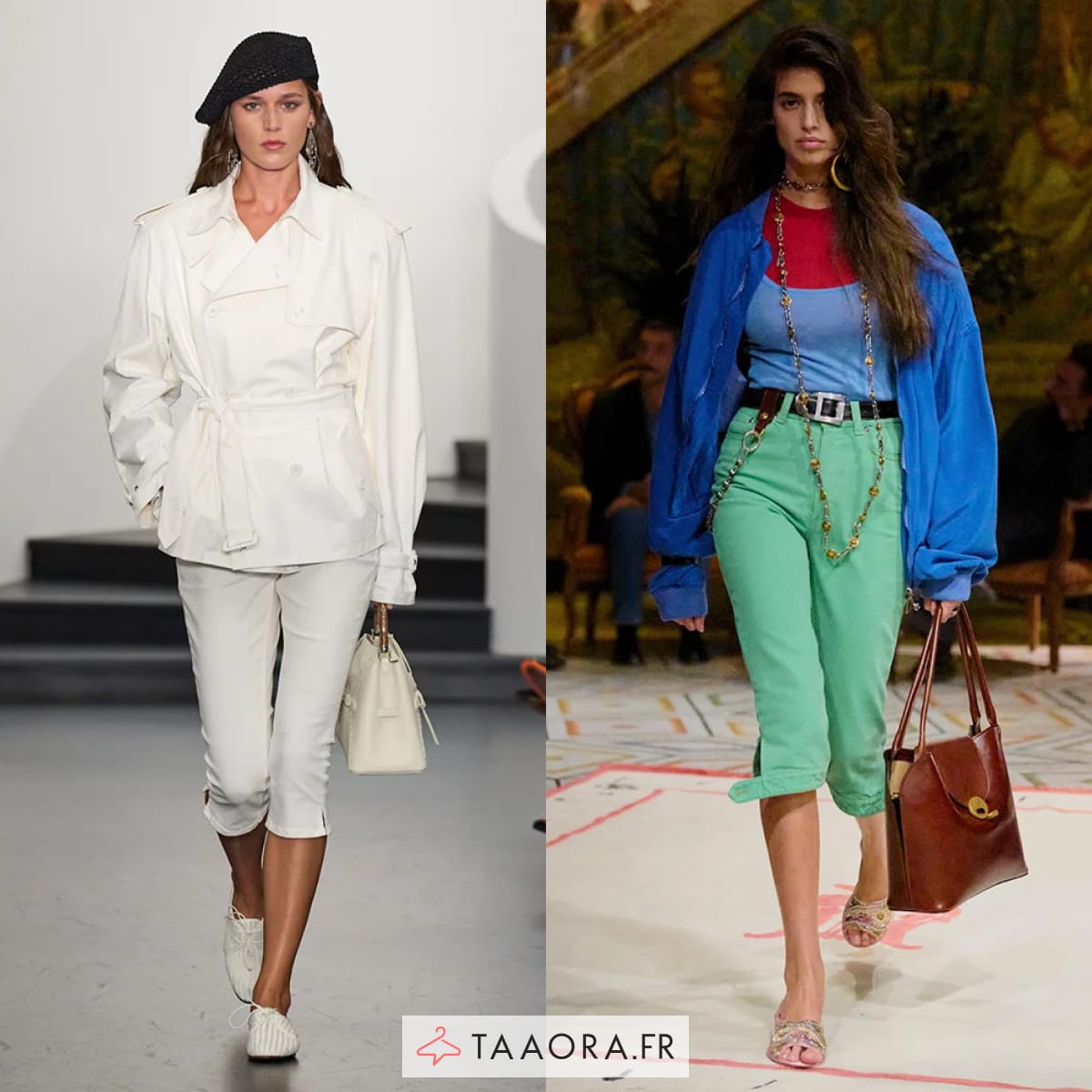Pantalon capri mi-mollet : version total look blanc ceinturé et look coloré, tendance printemps-été 2026.