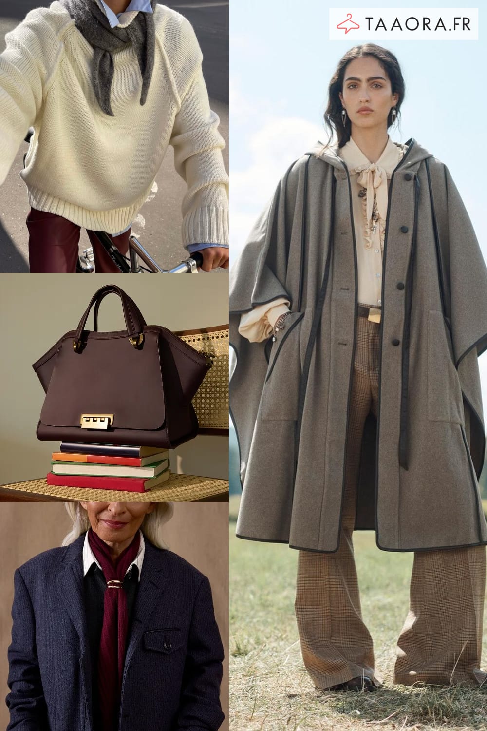 Mode style Poetcore : cape, blazer vintage, sac besace, maille et foulard, look poétique inspiré du Poetcore.