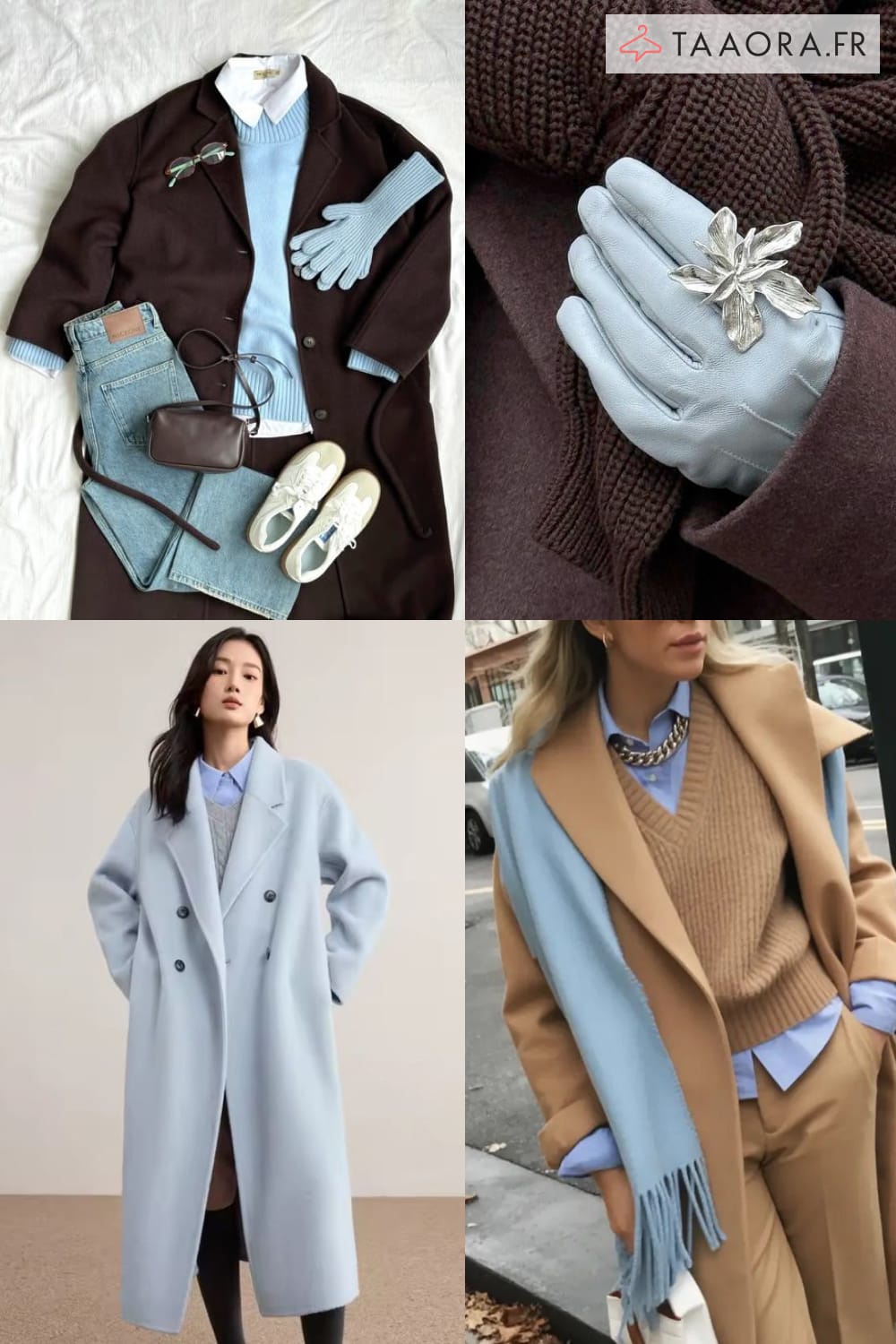 Bleu glacier couleur 2026 : manteau bleu clair, accessoires bleu givré, gants et écharpe, looks avec touches de bleu glacier.