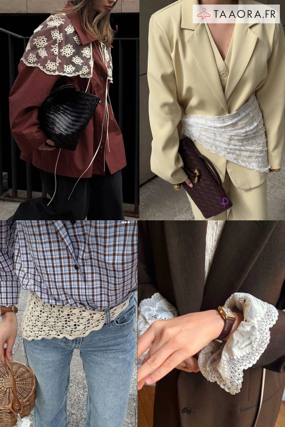 Comment porter la dentelle : col en dentelle, ceinture en dentelle, manches en dentelle et détails crochetés sur des looks du quotidien.