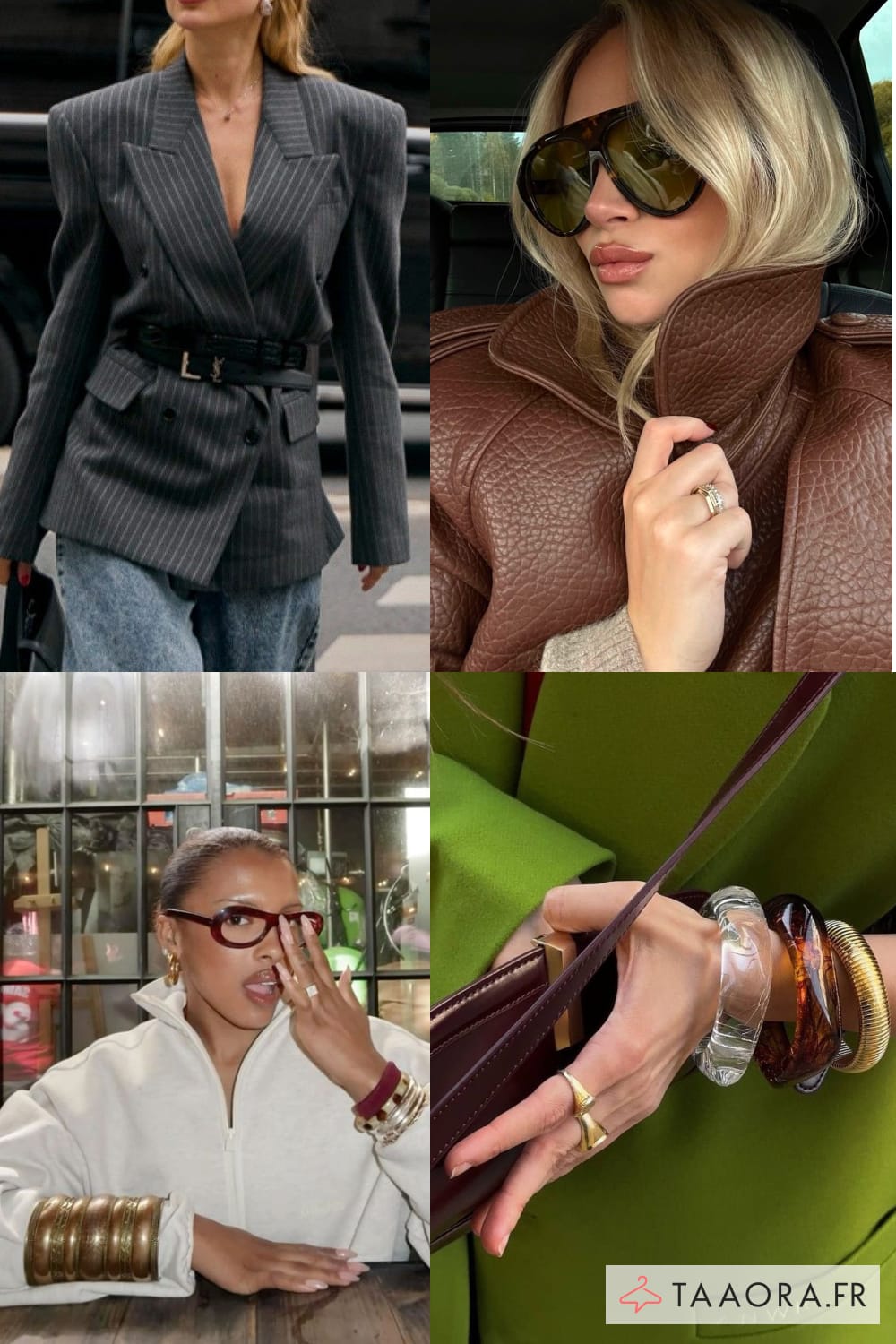 Tendance Glamoratti : blazer épaules marquées style années 80, ceinture large, col montant, lunettes oversize et bracelets dorés.
