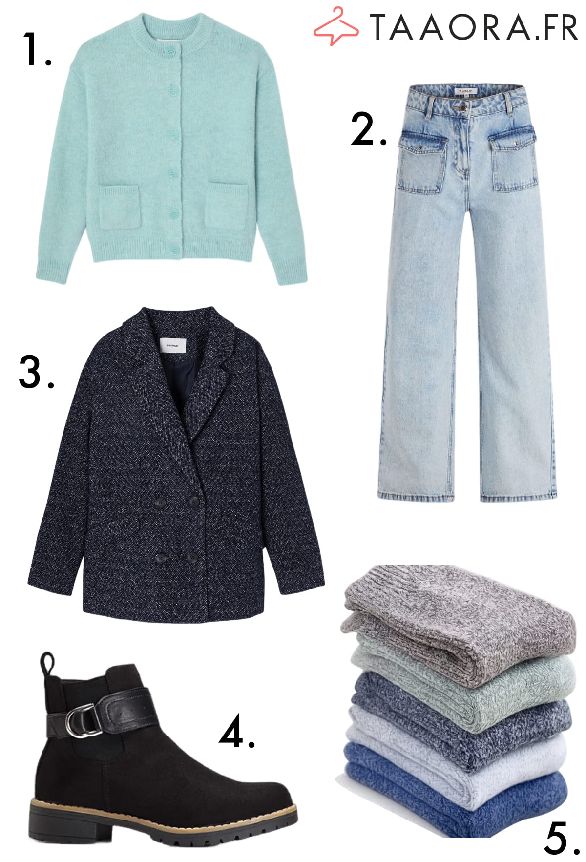 Sélection mode : cardigan vert d’eau, jean large, veste tweed, boots noires et chaussettes cosy