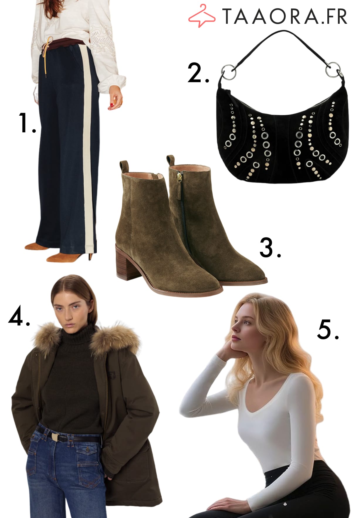 Sélection mode hiver avec pantalon jogging chic, sac clouté à oeillets, boots kaki en daim, parka et body thermique polaire