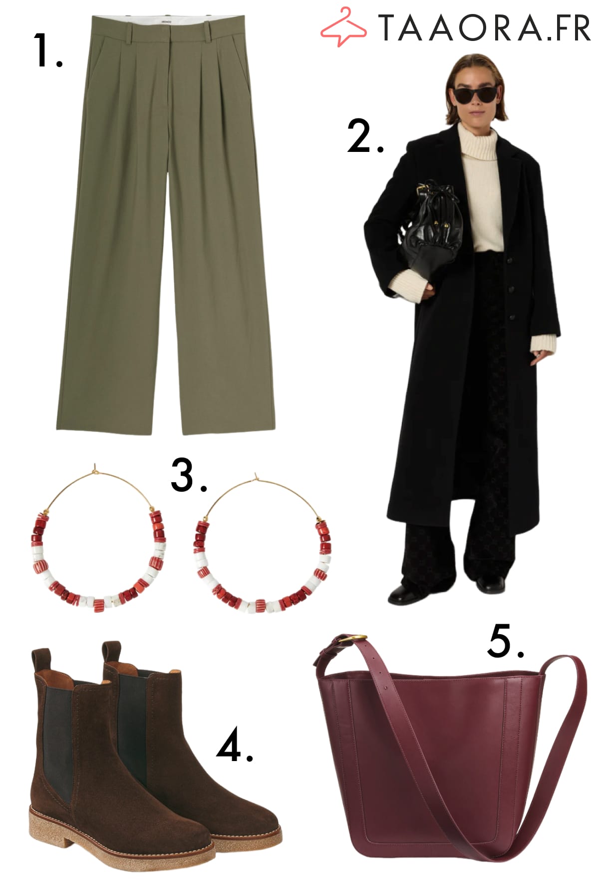 Idées shopping soldes d’hiver : pantalon large kaki, manteau long noir, créoles rouges, boots Chelsea en daim marron, sac bordeaux