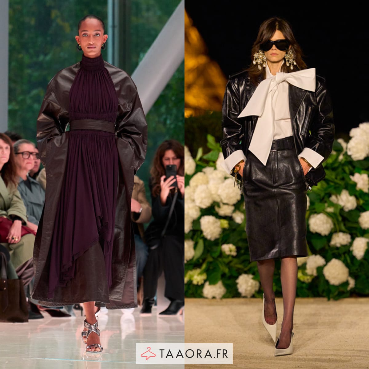 Looks en cuir au défilé printemps-été 2026 : silhouette cuir sombre et ensemble veste en cuir + jupe, tendance 2026