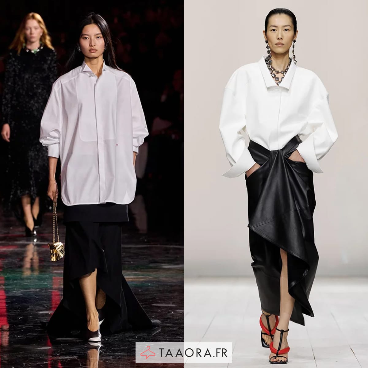 Silhouettes de défilé avec chemise blanche oversize : une tendance mode incontournable du printemps-été 2026.