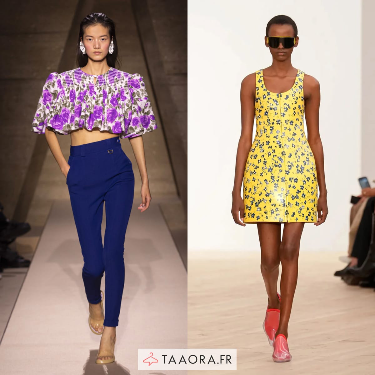 Top court fleuri violet avec pantalon bleu et mini-robe jaune à petites fleurs : looks tendances printemps-été 2026.