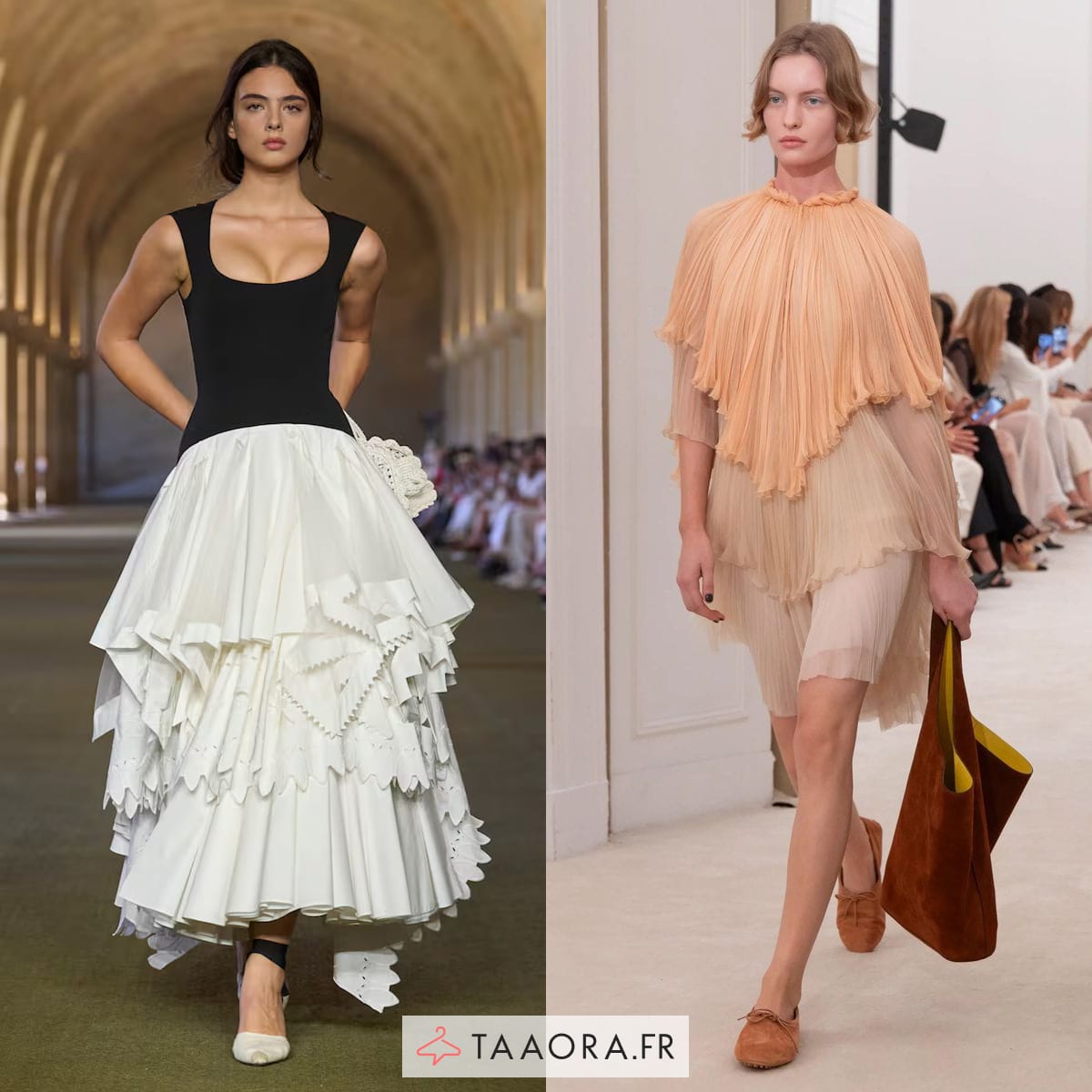 Jupe à volants blanche et robe nude à volants repérées sur les podiums : tendances mode printemps-été 2026.