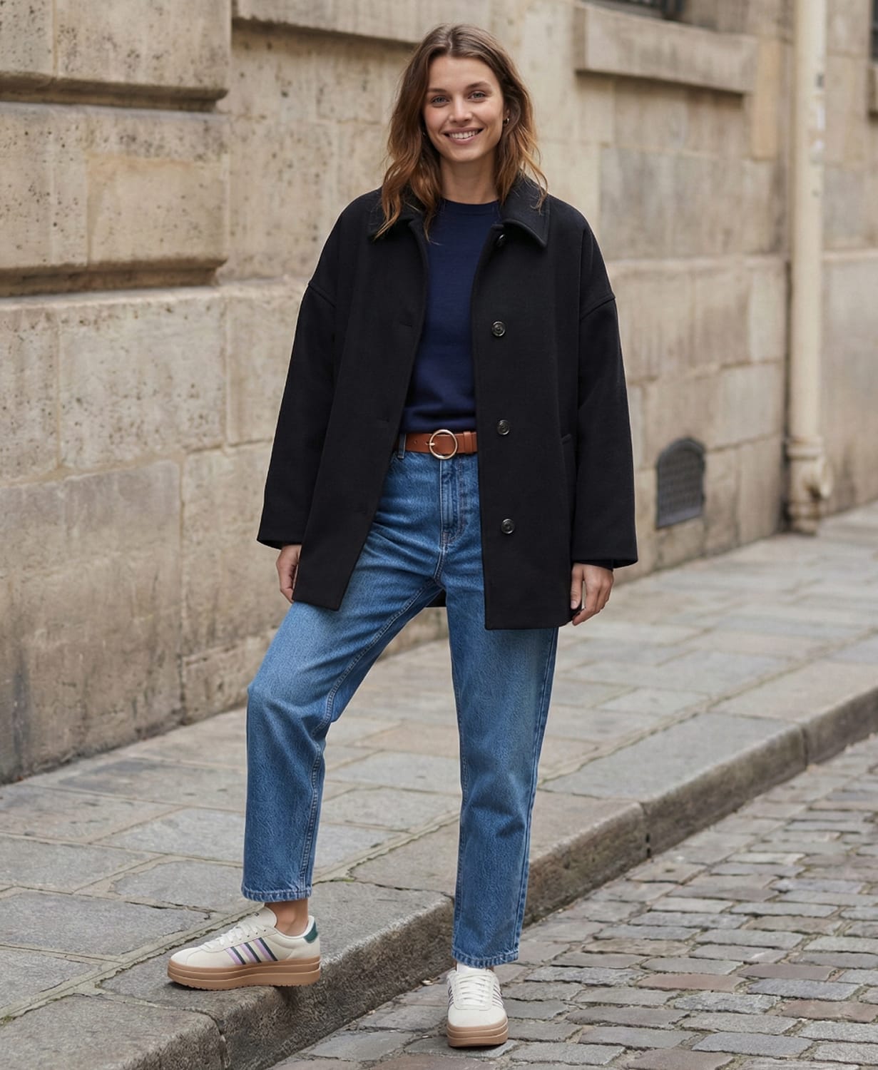 Silhouette casual chic avec manteau noir oversize, pull bleu marine, jean droit 7/8 bleu, ceinture marron et sneakers blanches