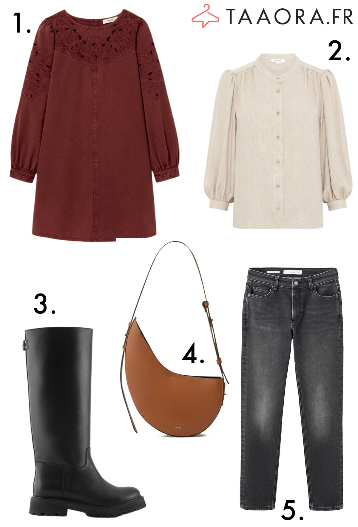 Sélection shopping tendance : robe en jean brodée bordeaux, chemise lurex beige rosé, bottes en cuir noir, sac bandoulière en cuir naturel, jean skinny gris.