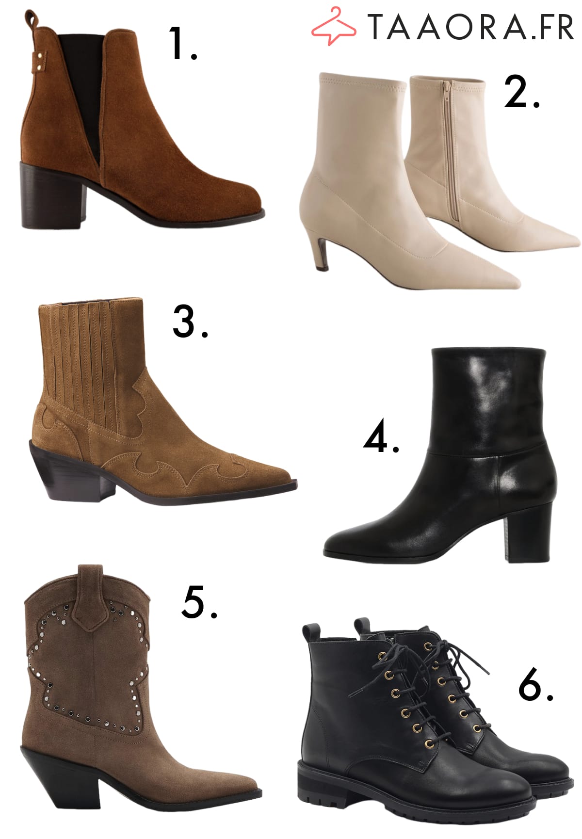 Bottines 2026 camel velours blanches western noires suède cloutées lacets : 6 modèles faciles à porter tous les jours avec looks jean jupe robe
