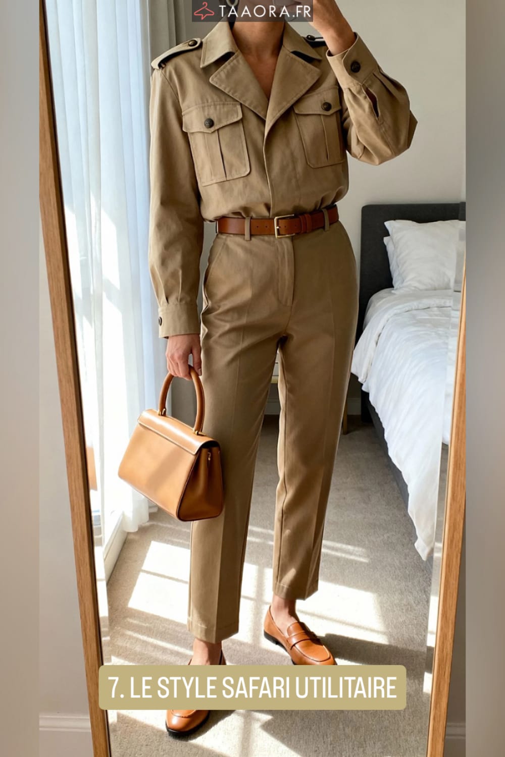 Combinaison pantalon kaki safari à poches et épaulettes, ceinturée cognac, look désert printemps 2026
