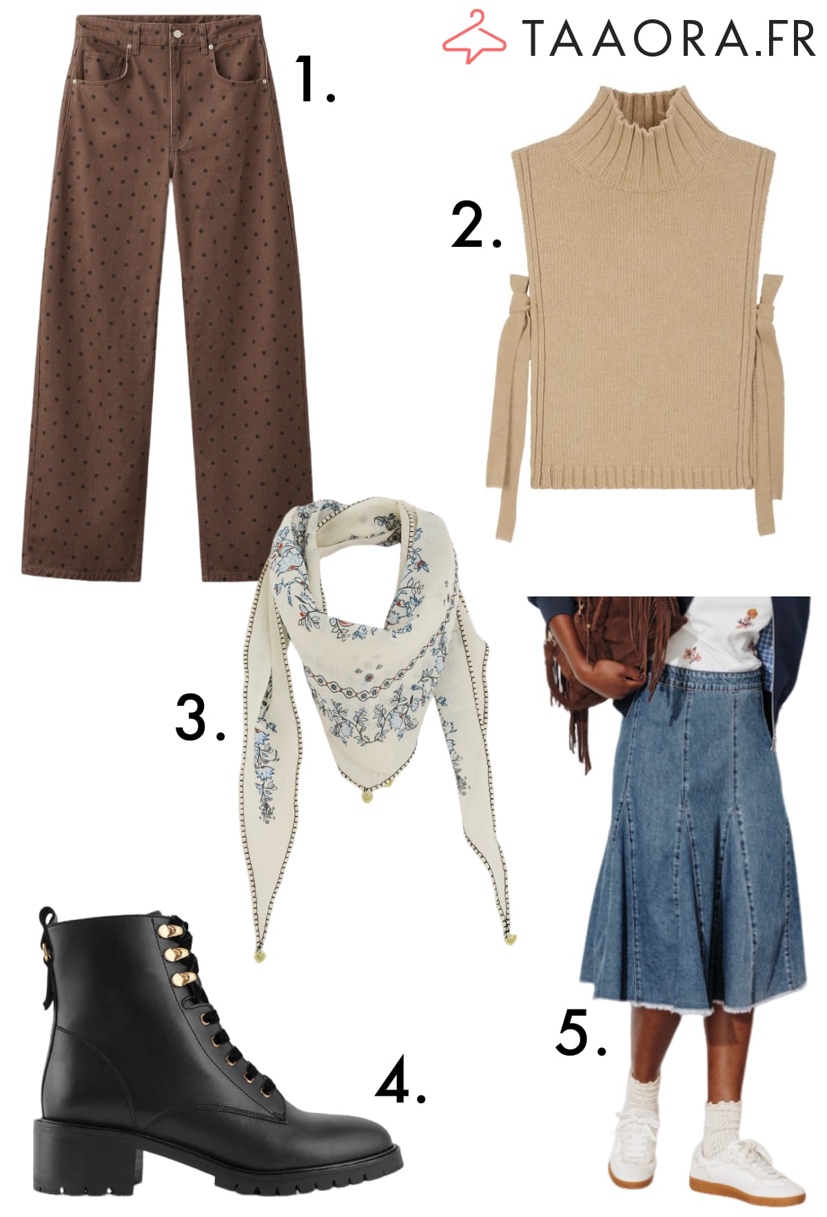 Sélection mode : jean balloon à pois, pull sans manches camel, foulard imprimé, bottines rock cuir noir, jupe en jean midi