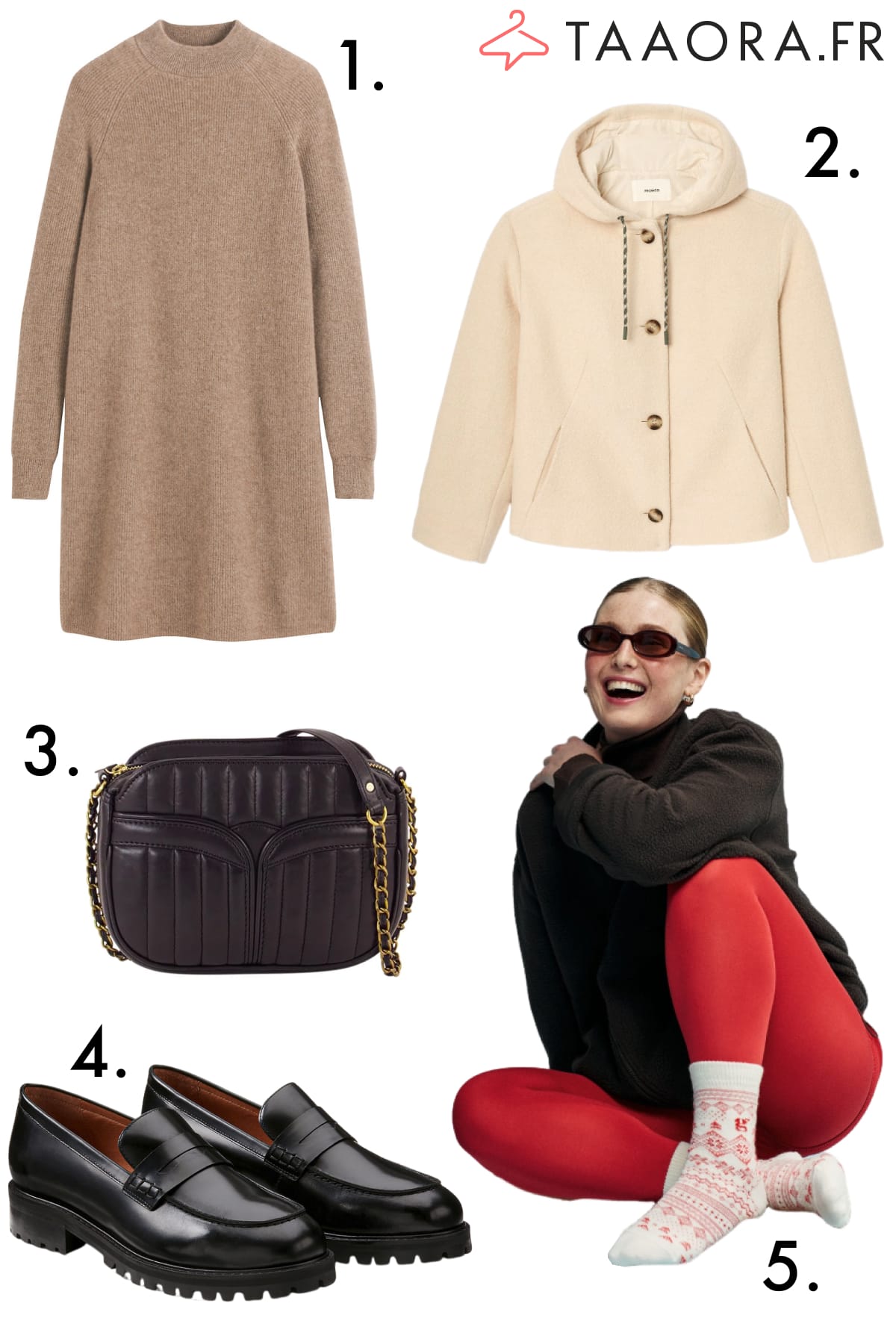 Look d’hiver au chaud : robe pull, manteau beige à capuche, mocassins noirs, collants thermiques rouges et chaussettes norvégiennes