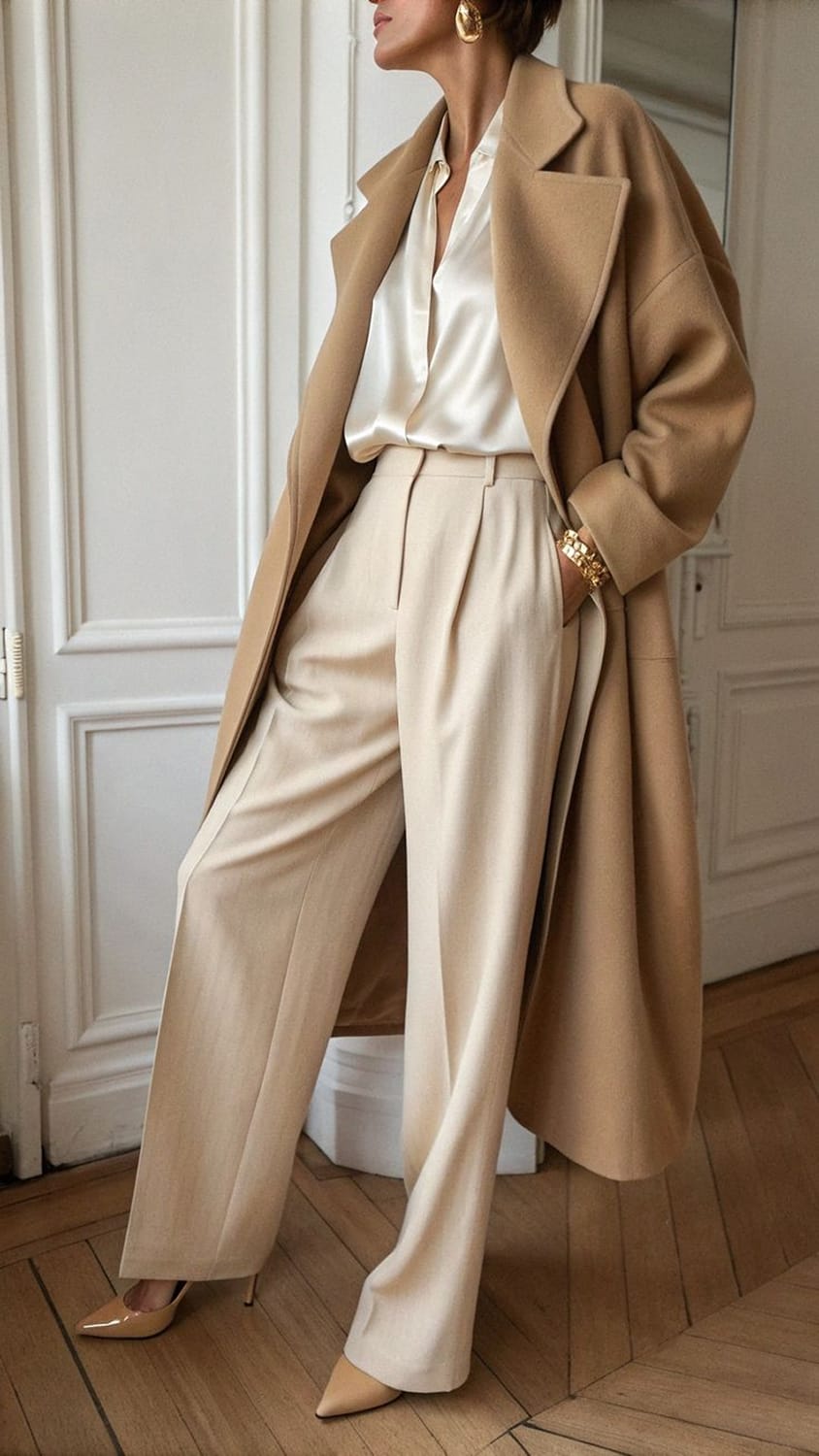 Style quiet luxury monochrome beige : manteau laine camel + blouse satinée, mix de matières pour un rendu luxe discret