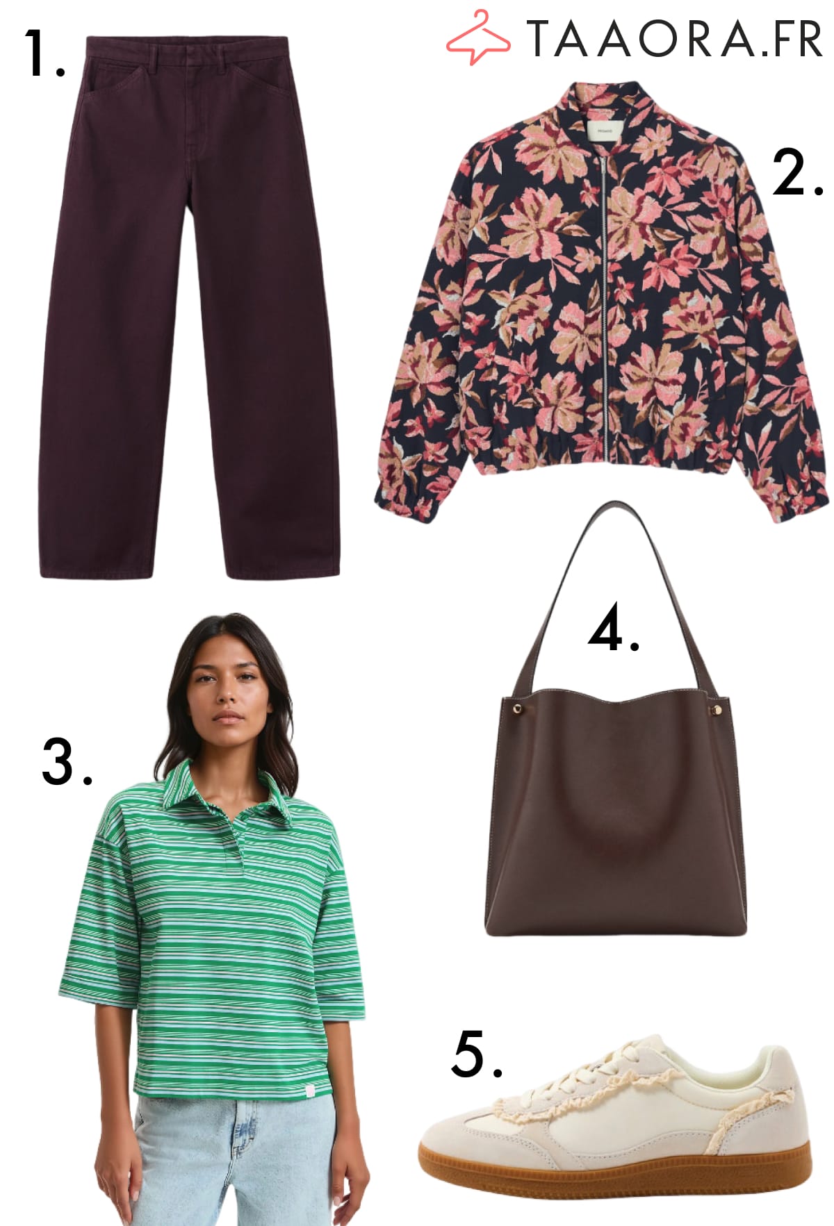 Sélection shopping mode avec bomber fleuri, jean balloon lie-de-vin cassis, polo rayé vert, cabas marron chocolat et baskets crème à mini-volants en dentelle