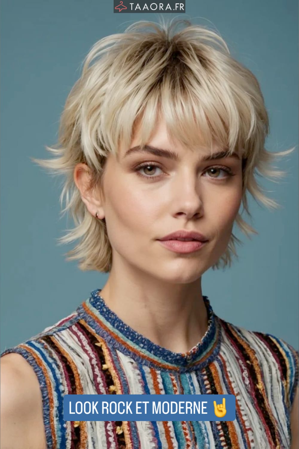 Shag court blond platine avec frange et couches effilées – style rock et moderne