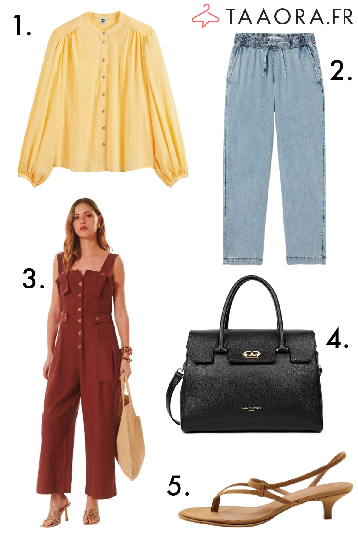 Sélection mode printemps 2026 : blouse bohème jaune, jogpant jean clair, combinaison terracotta, sac noir Lancaster et sandales camel petits talons