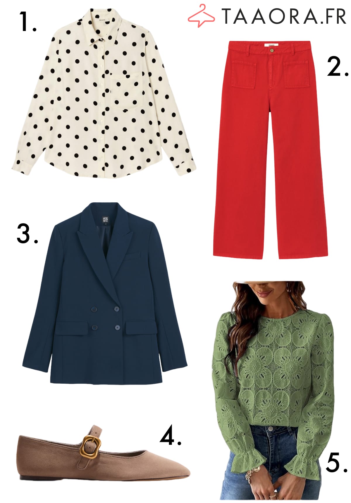 Nouveautés mode printemps 2026 : chemise à pois noirs, pantalon large rouge groseille, blazer marine, babies grège à boucle dorée et top vert broderie anglaise