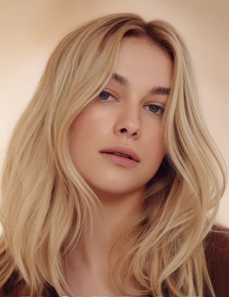 Portrait de femme aux cheveux mi-longs blond crème doux avec reflets vanille et balayage léger