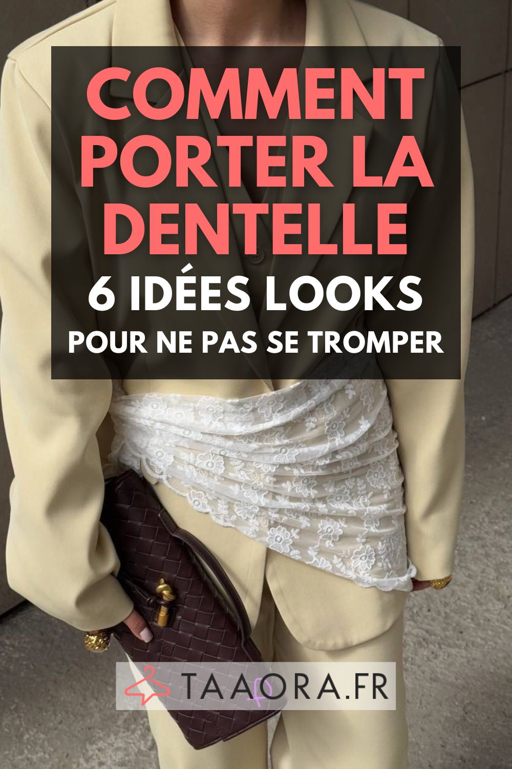 6 façons de porter de la dentelle : exemple de look avec un foulard en dentelle florale blanche sur un blazer jaune beurre