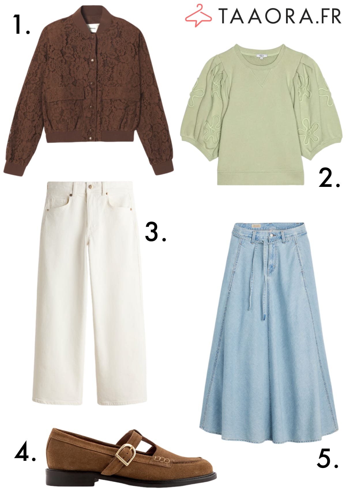 Sélection mode : bomber en dentelle marron, blouse vert sauge, jean wide leg blanc, jupe longue en jean et mocassins camel en cuir velours