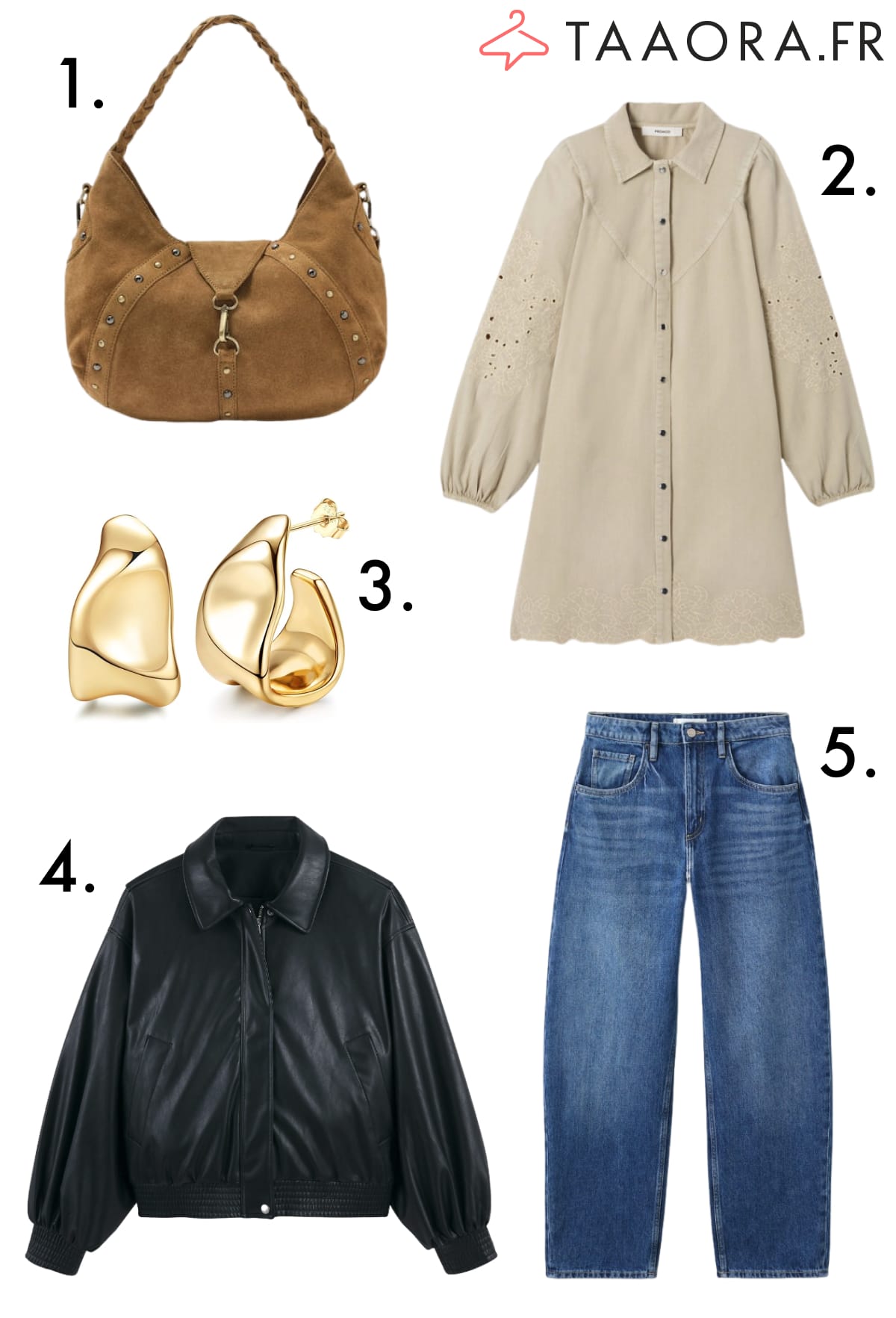 Sélection mode : sac hobo suède camel clouté, robe chemise beige brodée, boucles d'oreilles dorées sculpturales, blouson cuir noir, jean barrel denim
