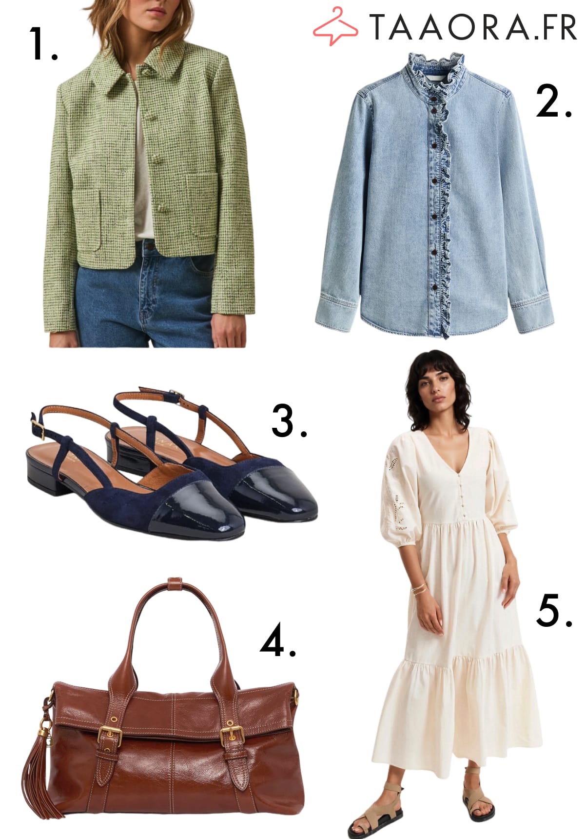 Sélection tendance 2026 : veste en tweed à carreaux verte, chemise en jean à volants, slingbacks bicolores marine, sac en cuir cognac working girl et robe maxi crème